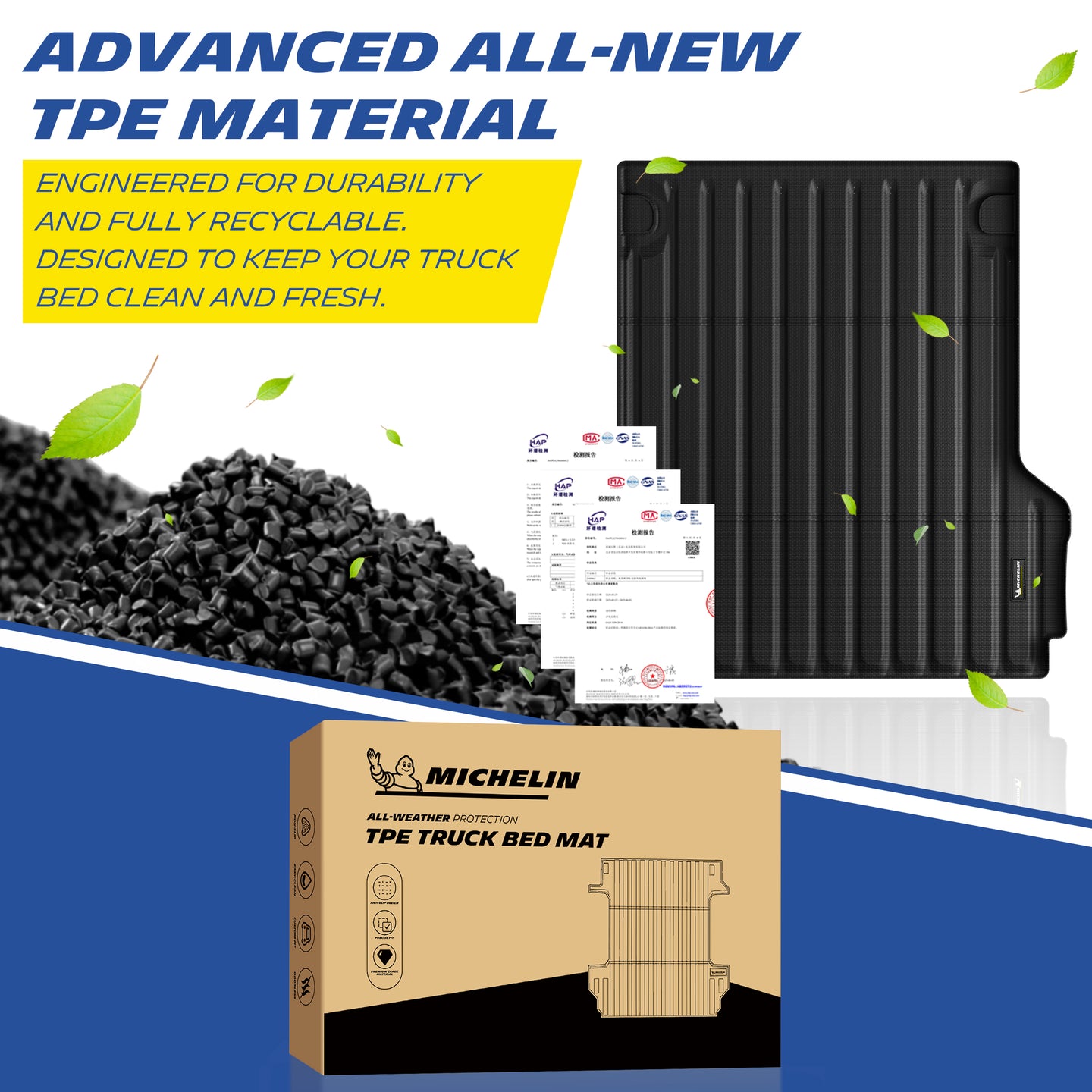 Michelin Ford Maverick 4.5 FT 2022¨C2026 truck bed mat with TPE material pellets and certification sheets