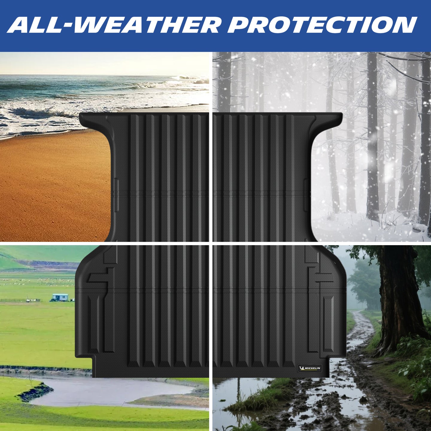 Michelin Ford Ranger 5FT Bed 2019-2023 truck bed mat shown in snow mud rain and beach environments for all weather protection