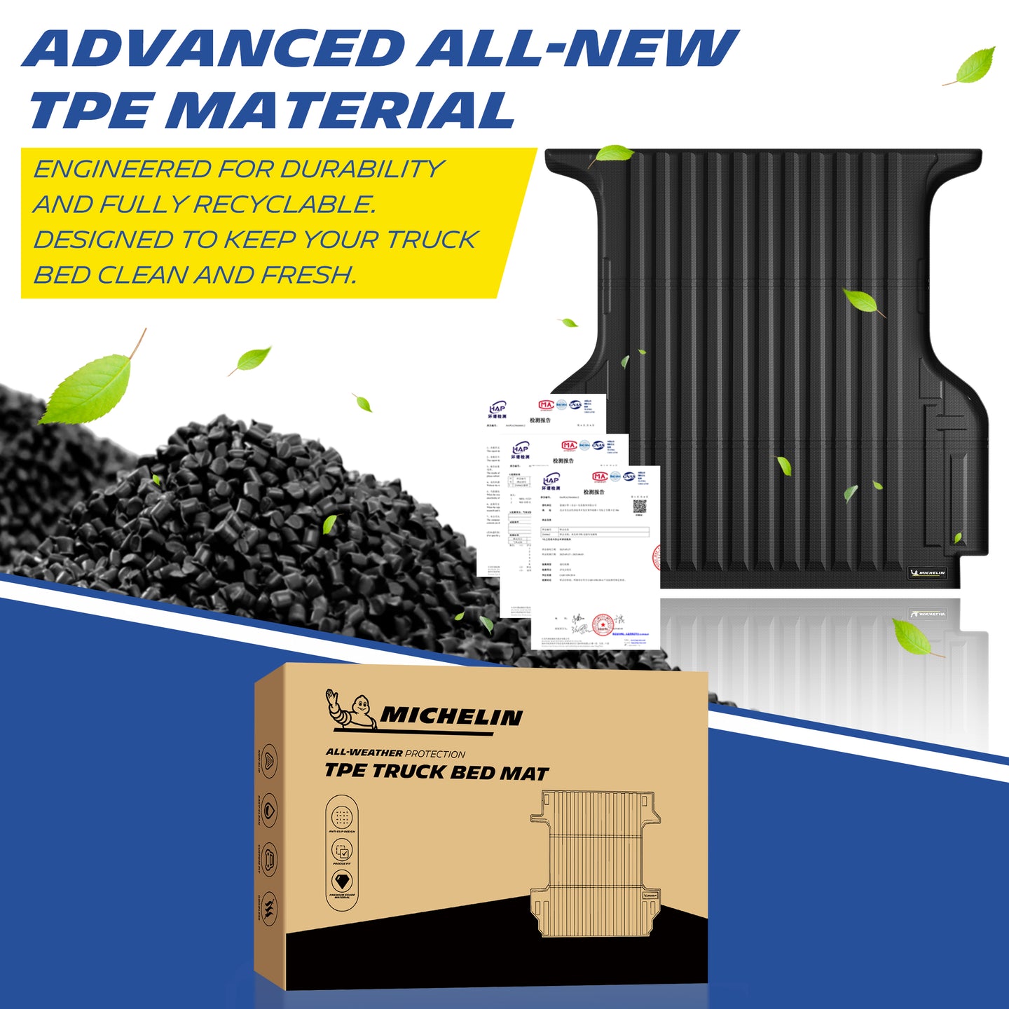 Michelin Ford Ranger 5FT Bed 2019-2023 truck bed mat made from TPE material with packaging box and recycled pellets display
