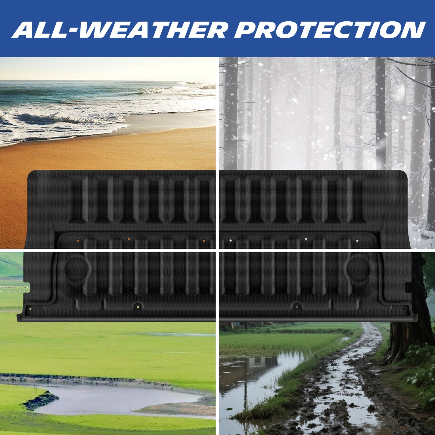 Michelin Ford Ranger 2024-2026 tailgate mat displayed across beach snow grass and muddy terrain for all weather protection