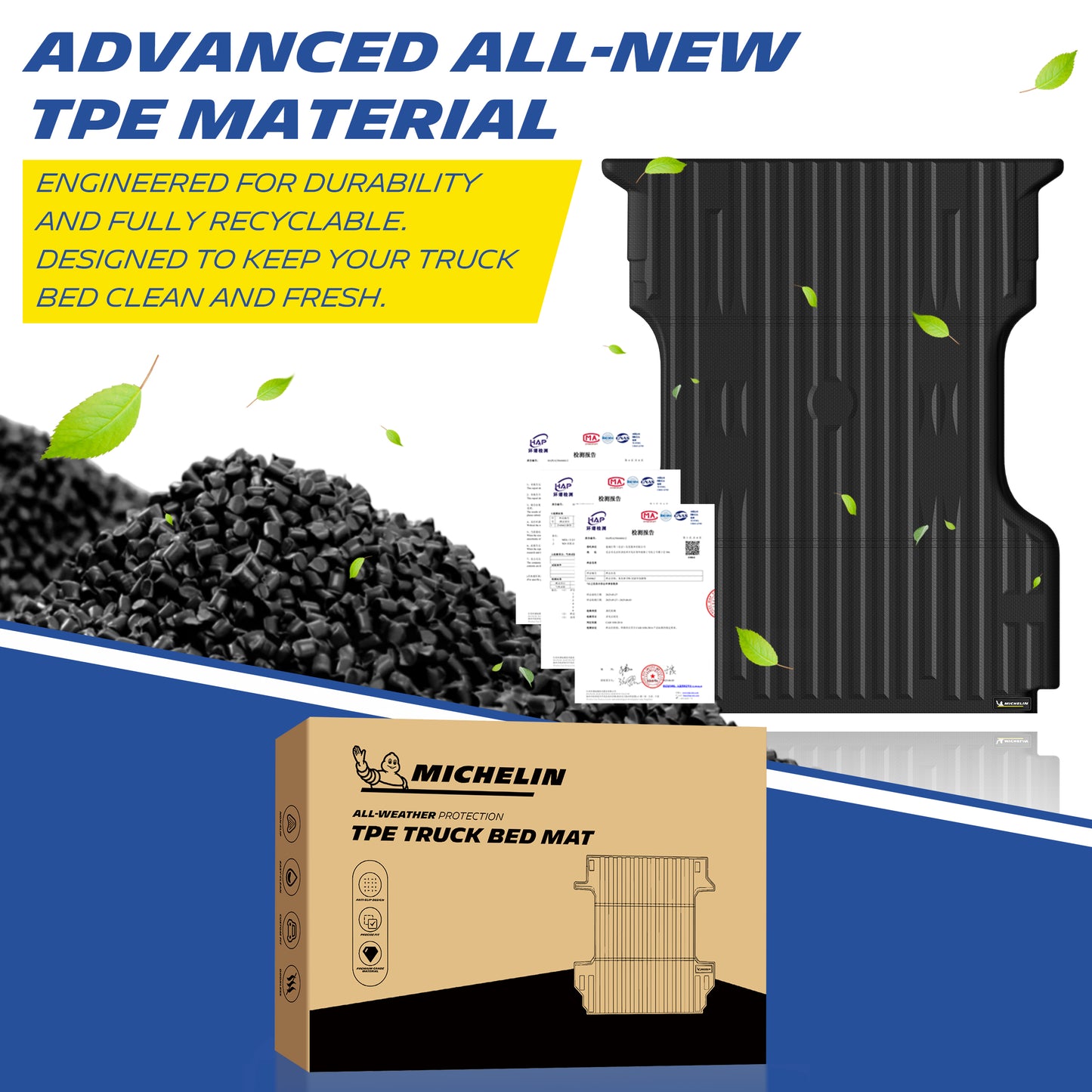 Michelin Ford Super Duty 6.75 FT 1999¨C2016 bed mat with TPE material pellets and certification documents
