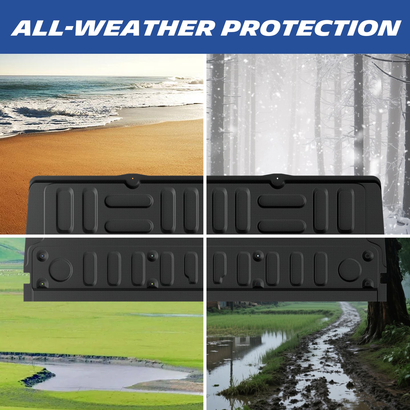 Michelin Ford Super Duty F250 F350 F450 2017-2022 tailgate mat shown in beach snow mud and grass conditions