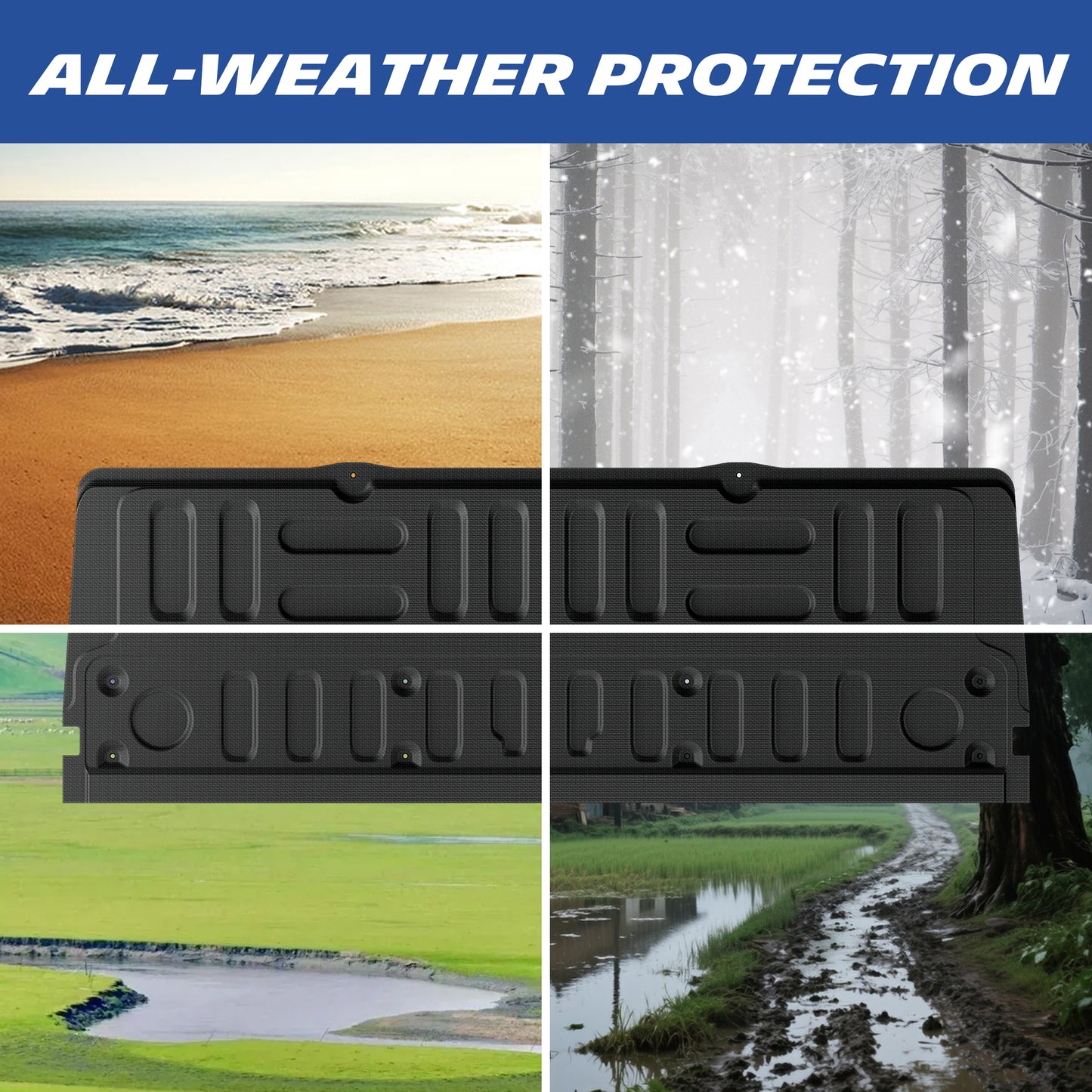 Michelin Ford Super Duty F250 F350 F450 2017-2022 tailgate mat shown in beach snow mud and grass conditions