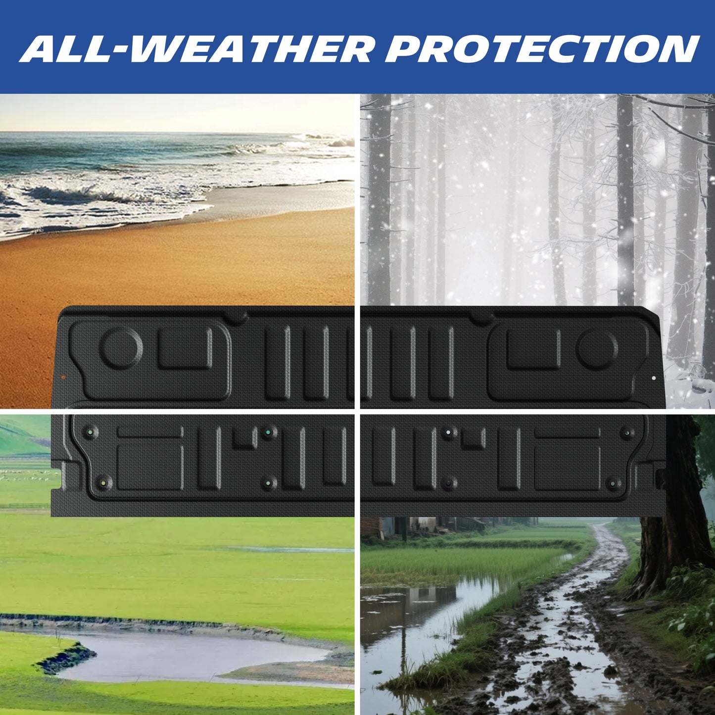 Michelin Ford Super Duty F250 F350 F450 2023-2026 tailgate mat shown in sand snow grass and muddy road conditions
