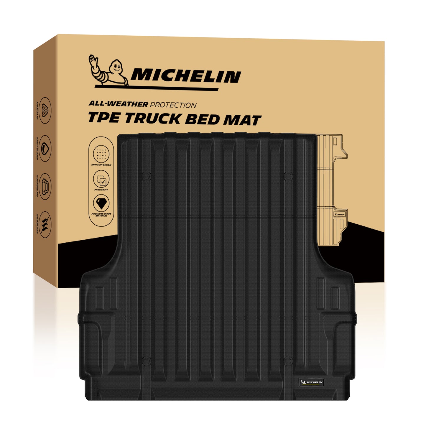 Michelin Nissan Frontier 5 FT 2005-2021 truck bed mat with retail packaging box and full product layout