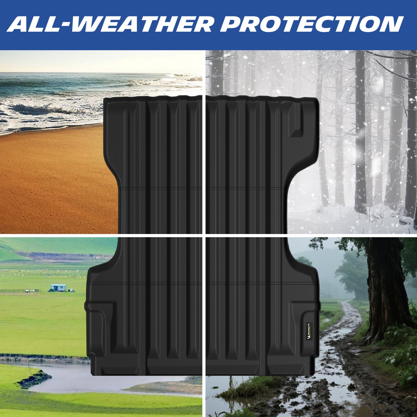 Michelin Nissan Frontier 6 FT 2005-2021 truck bed mat displayed across beach snow rain and field environments