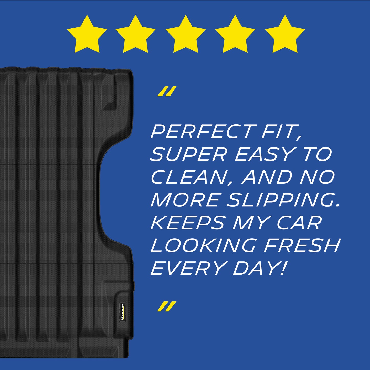 Michelin Nissan Frontier 6 FT 2005-2021 truck bed mat with five star rating and customer testimonial text