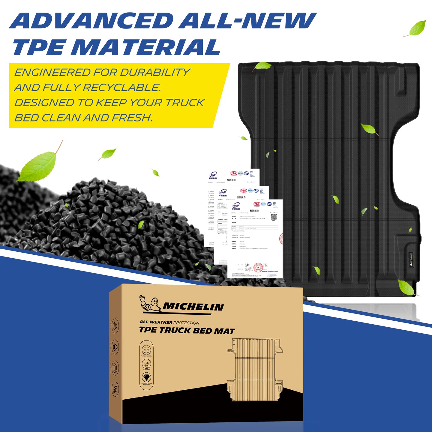 Michelin Nissan Frontier 6 FT 2005-2021 truck bed mat with TPE material pellets and certification documents