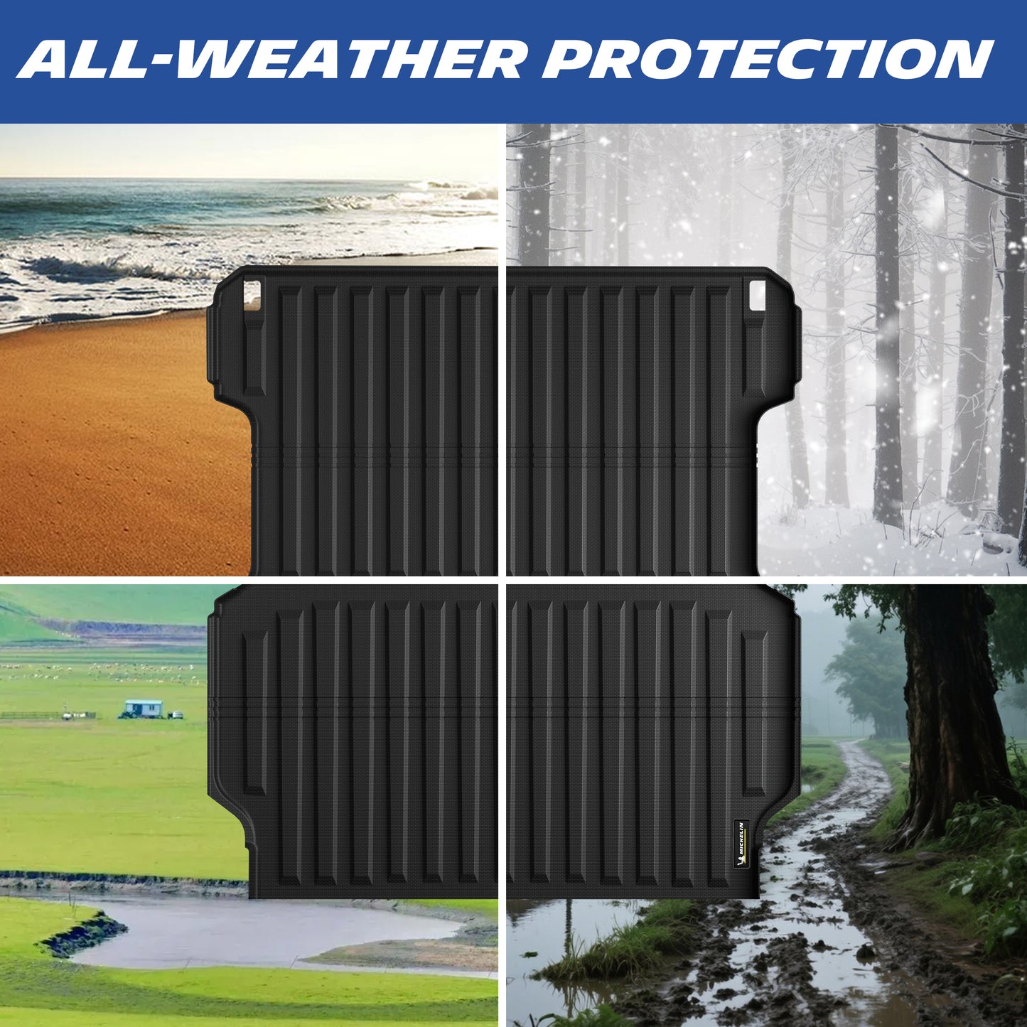 Michelin Honda Ridgeline truck bed mat 2017-2026 displayed across beach snow grass and mud conditions