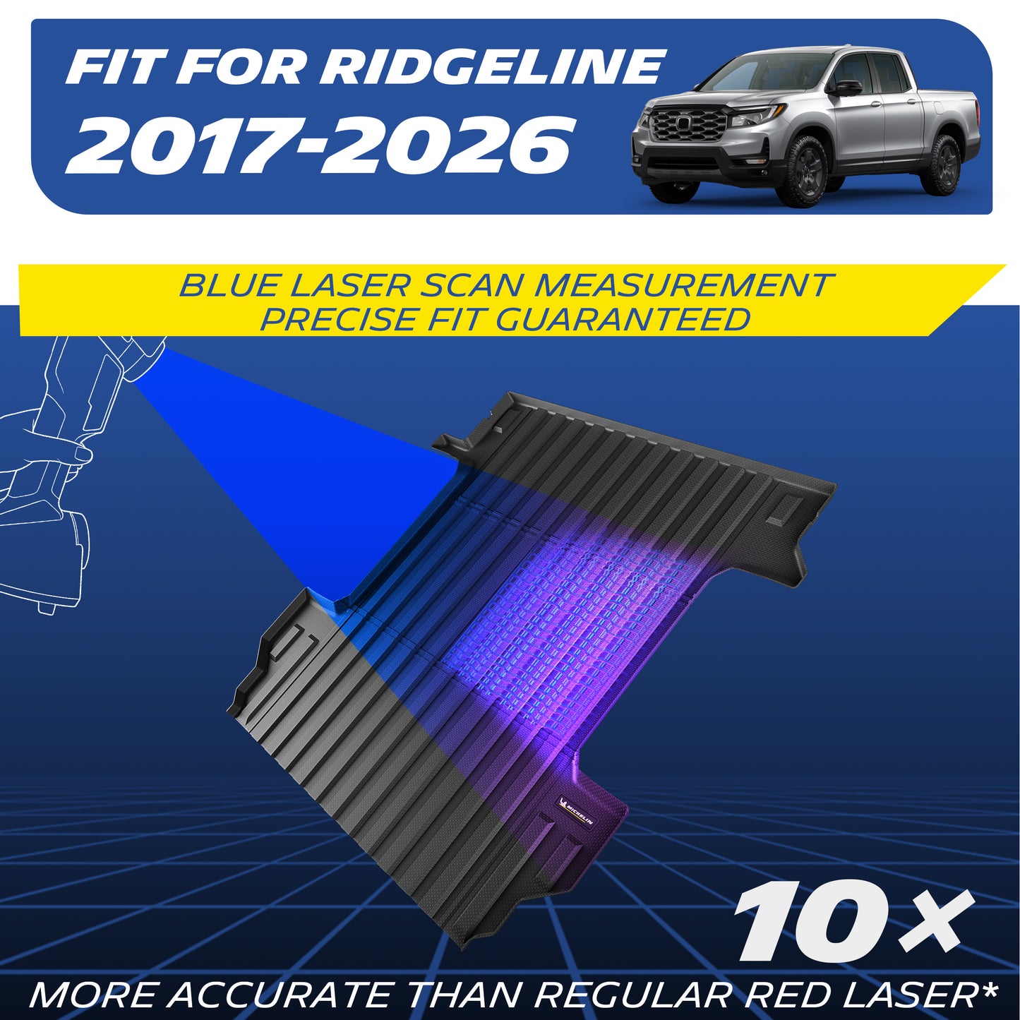 Michelin Honda Ridgeline truck bed mat 2017-2026 with blue laser scan measurement graphic for precise fit