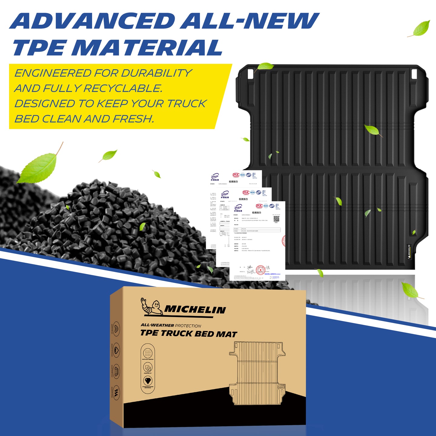 Michelin Honda Ridgeline truck bed mat 2017-2026 with TPE pellets certification sheets and packaging box