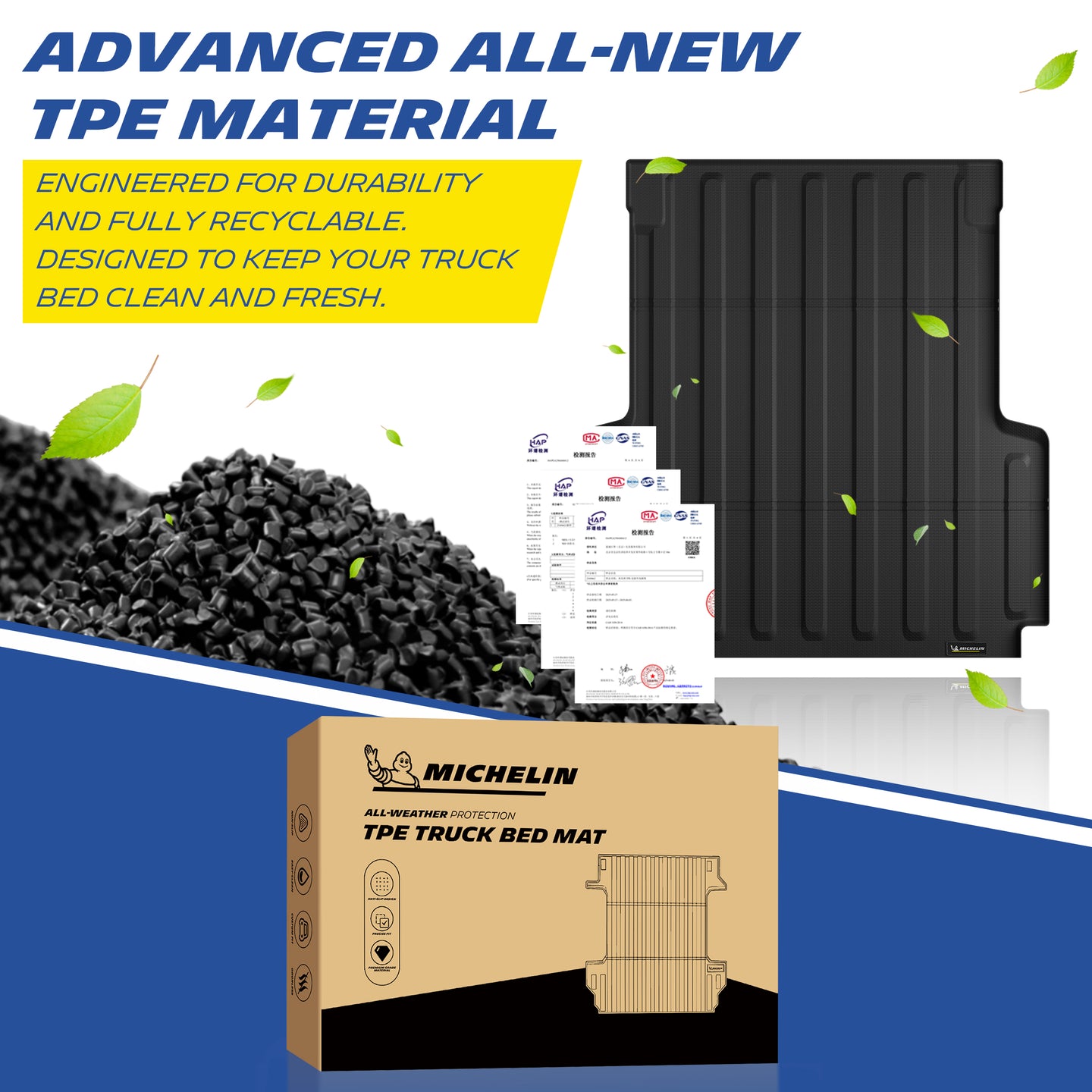 Michelin Jeep Gladiator JT truck bed mat 2020-2026 with TPE material pellets certification sheets and box