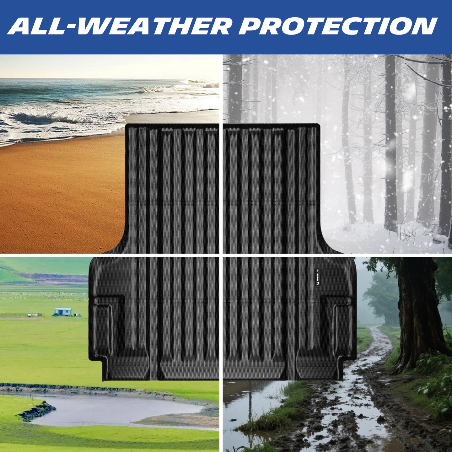 Michelin Nissan Frontier 5 FT 2022¨C2026 bed mat shown in mud, snow, water, and sand environments