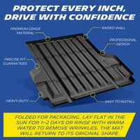 Michelin Nissan Frontier 5 FT 2022¨C2026 bed mat showing labeled features like raised edges and easy installation