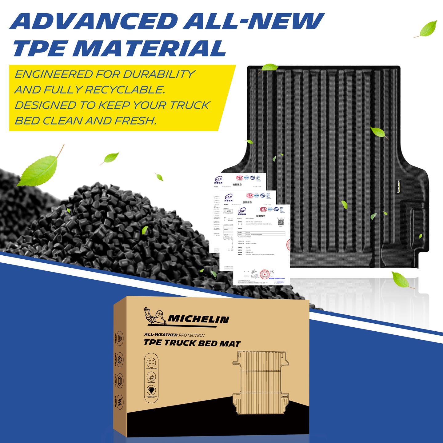 Michelin Nissan Frontier 5 FT 2022¨C2026 truck bed liner with TPE material pellets and certification graphics