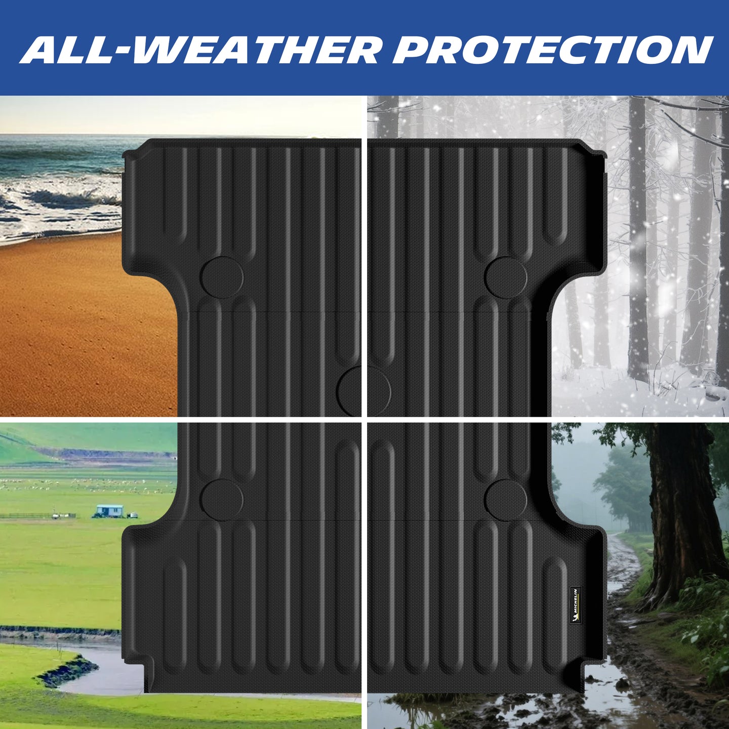Michelin Ram 1500 2500 3500 6.4FT 2002-2026 truck bed mat displayed across snow rain mud and sun conditions