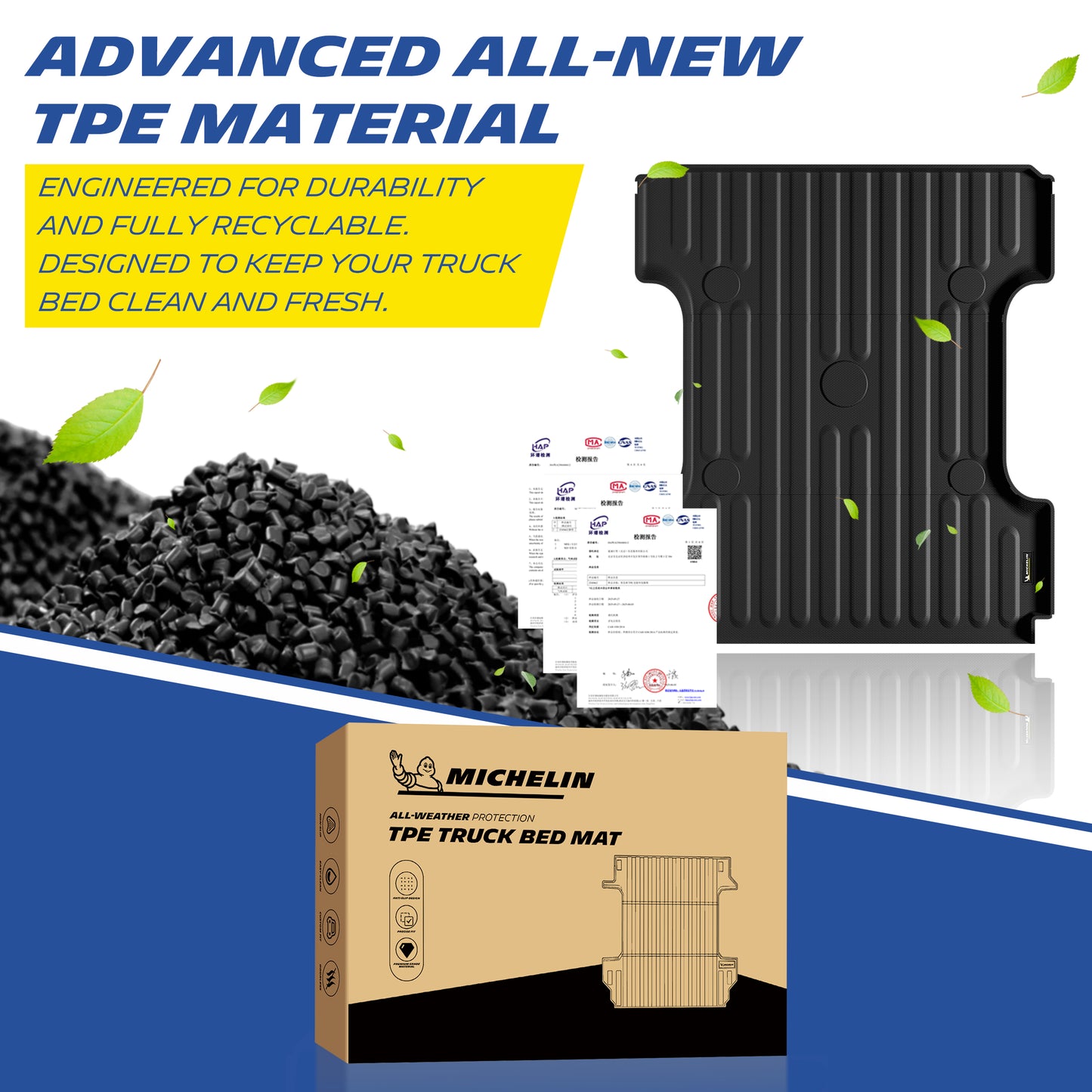 Michelin Ram 1500 2500 3500 6.4FT 2002-2026 truck bed mat with TPE pellets certifications and packaging box