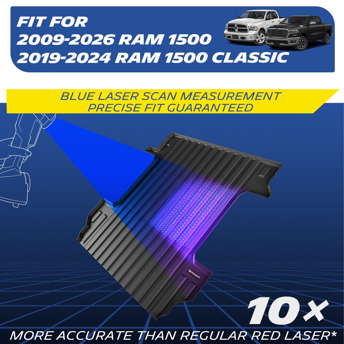 Michelin Ram 1500 5.7 ft 2009¡§C2026 truck bed mat showing digital laser measurement for exact fit accuracy
