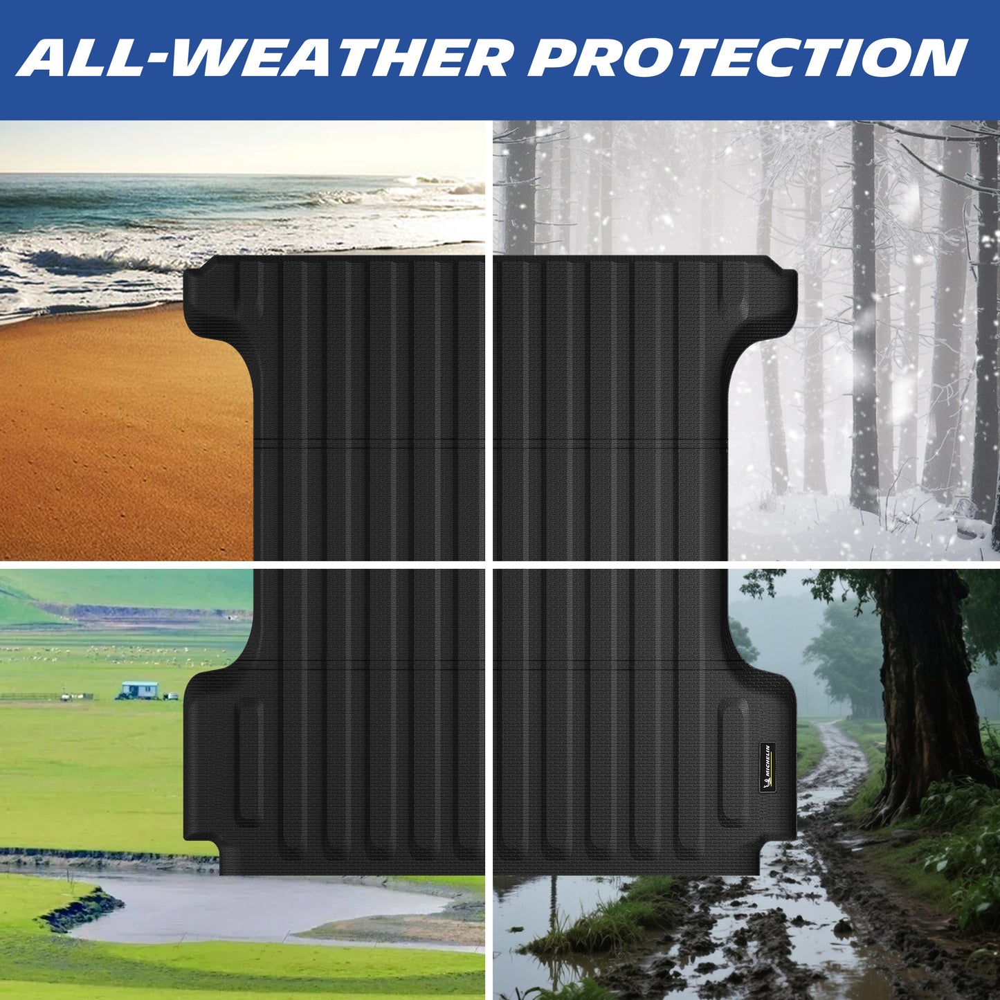 Michelin Ram 1500 5.7 ft 2009¡§C2026 truck bed mat shown across snow mud and dry outdoor conditions