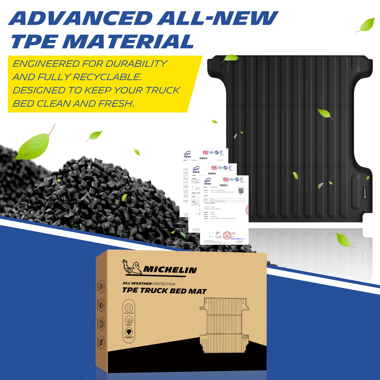 Michelin Ram 1500 5.7 ft 2009¡§C2026 truck bed mat showing TPE material granules packaging box and product build