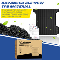 Michelin Ram 1500 5.7 ft 2009¡§C2026 truck bed mat showing TPE material granules packaging box and product build