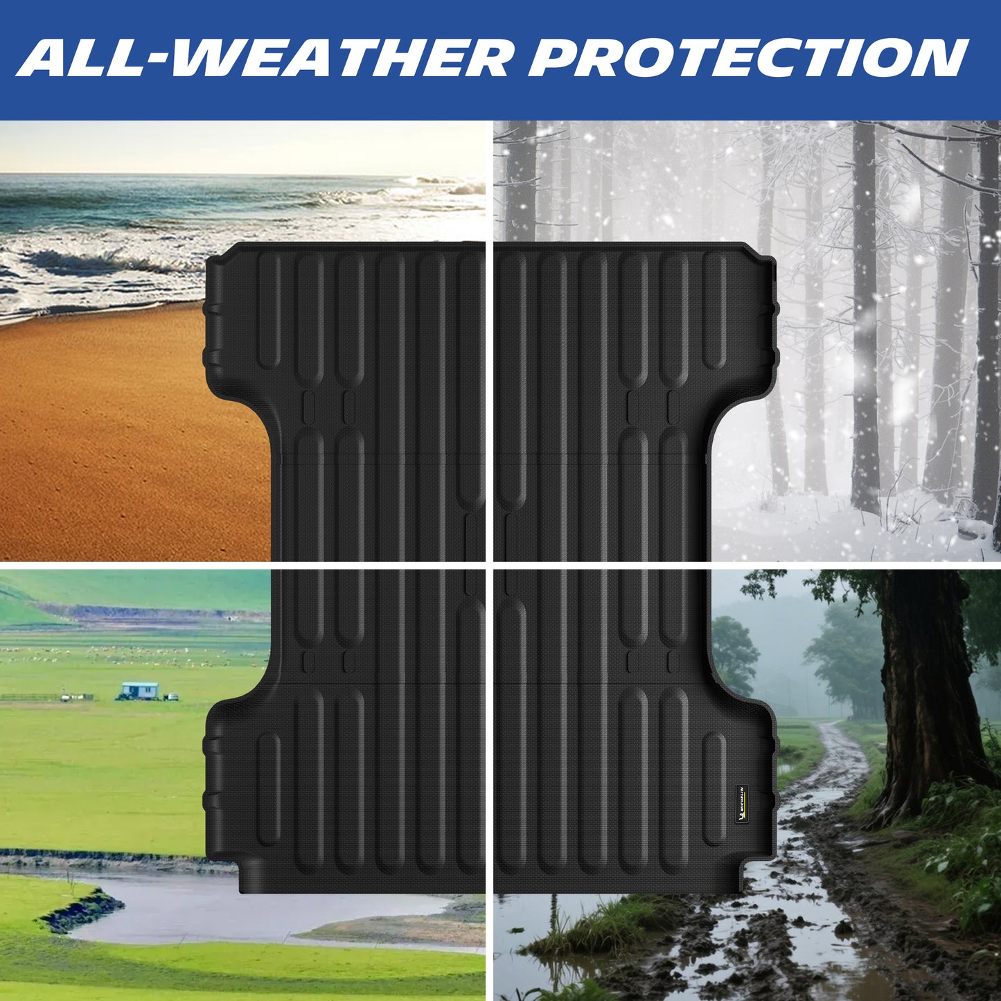 Michelin Ram 1500 6.4 ft 2019¡§C2026 truck bed mat shown in rain snow mud and outdoor conditions