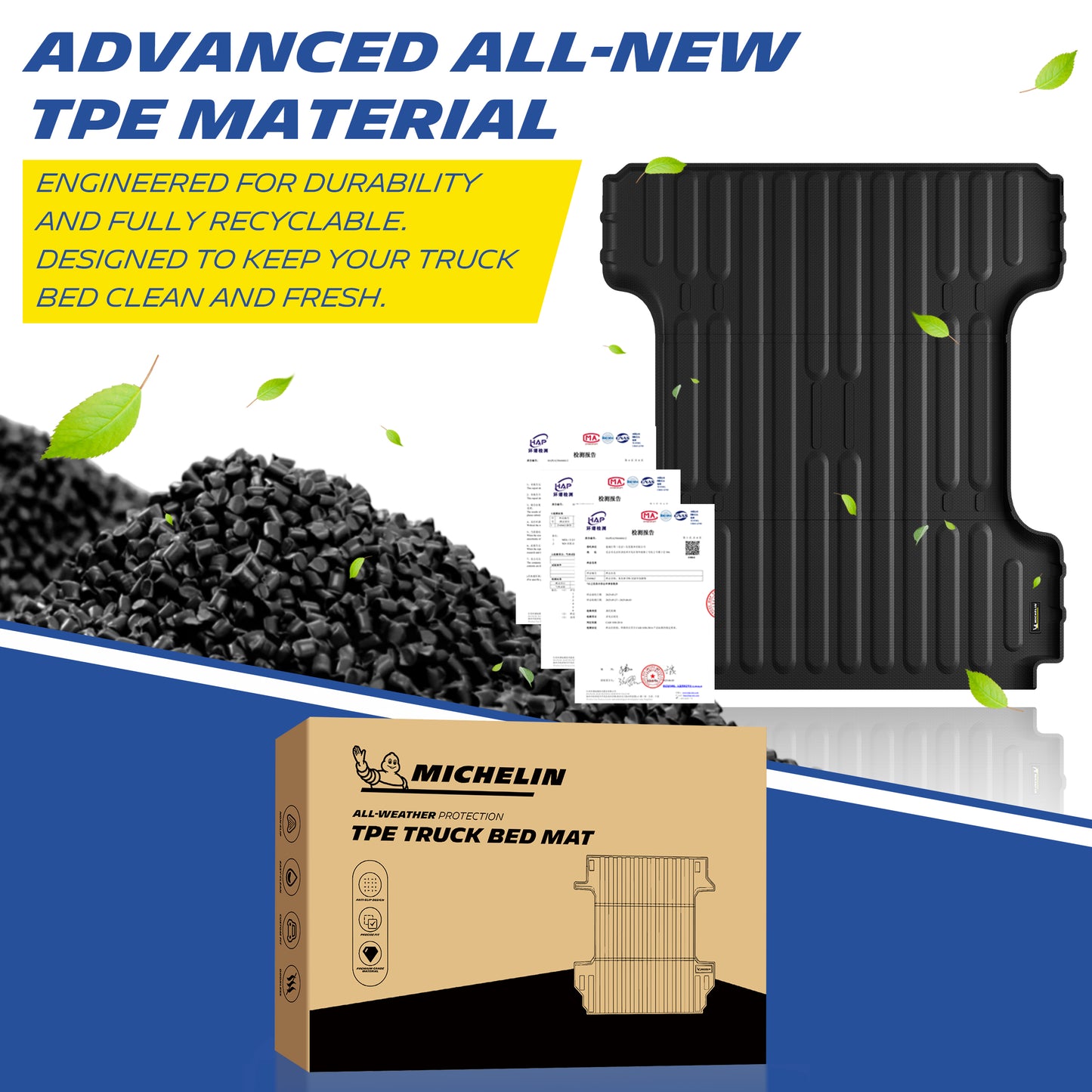 Michelin Ram 1500 6.4 ft 2019¡§C2026 truck bed mat with TPE material pellets and certification documents