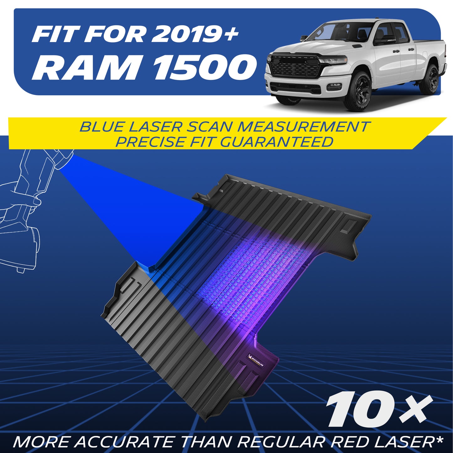 Michelin Ram 1500 6.4 ft 2019¡§C2026 truck bed mat with blue laser scan showing precise custom fit accuracy