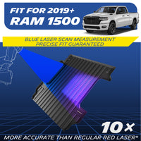 Michelin Ram 1500 6.4 ft 2019¡§C2026 truck bed mat with blue laser scan showing precise custom fit accuracy