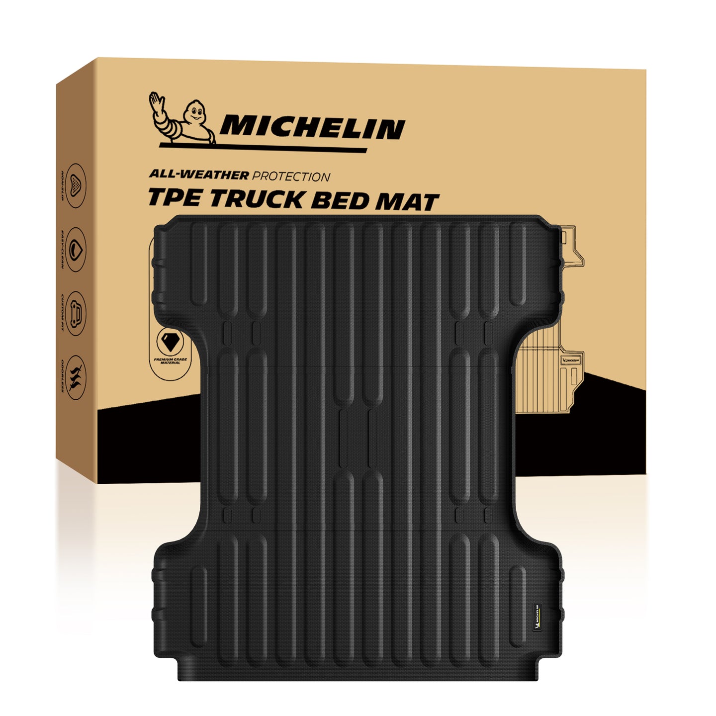 Michelin Ram 1500 6.4 ft 2019¡§C2026 truck bed mat with retail packaging displayed behind product
