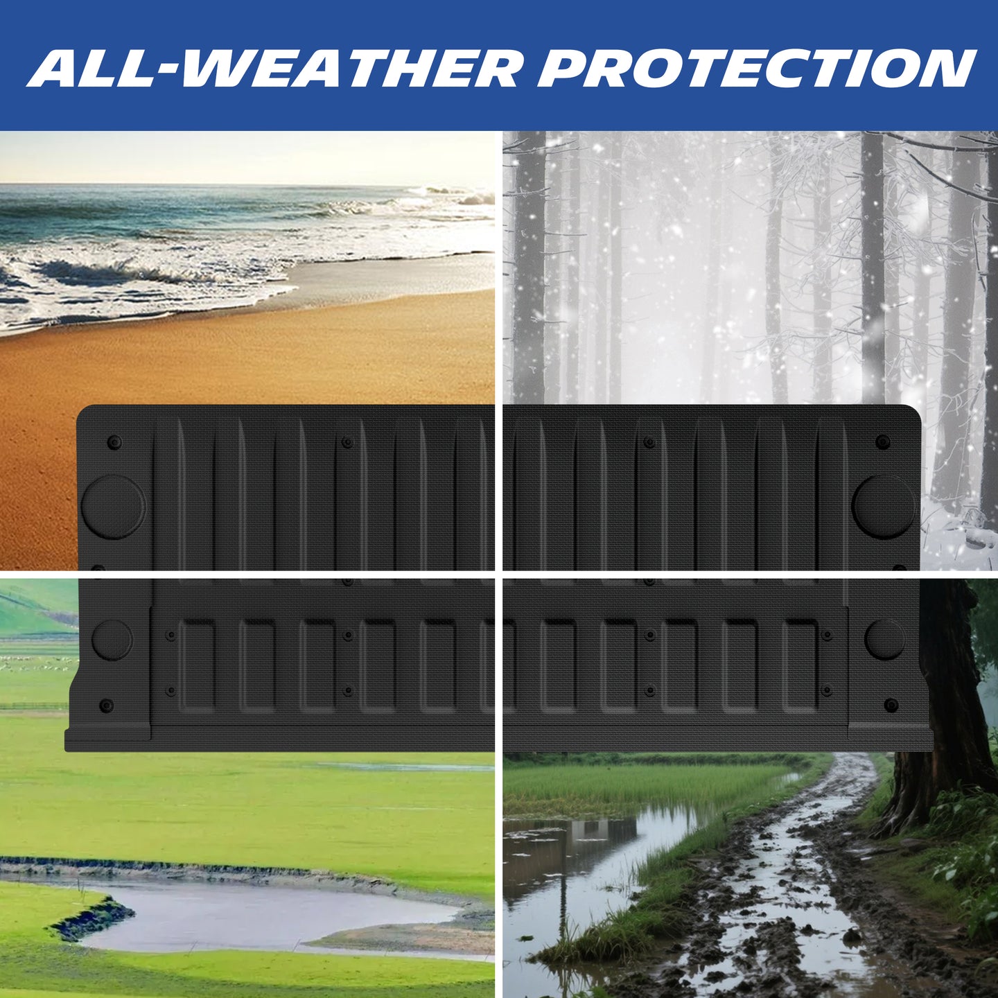 Michelin Silverado 1500 tailgate mat 2019 shown in beach snow mud and wet field conditions