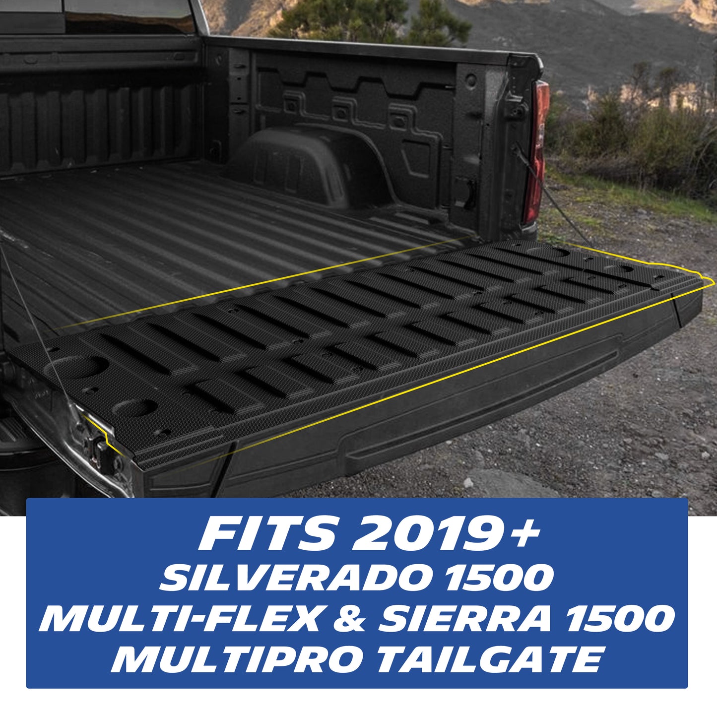 Michelin Silverado 1500 tailgate mat 2019 installed on open Multi-Flex tailgate with full coverage
