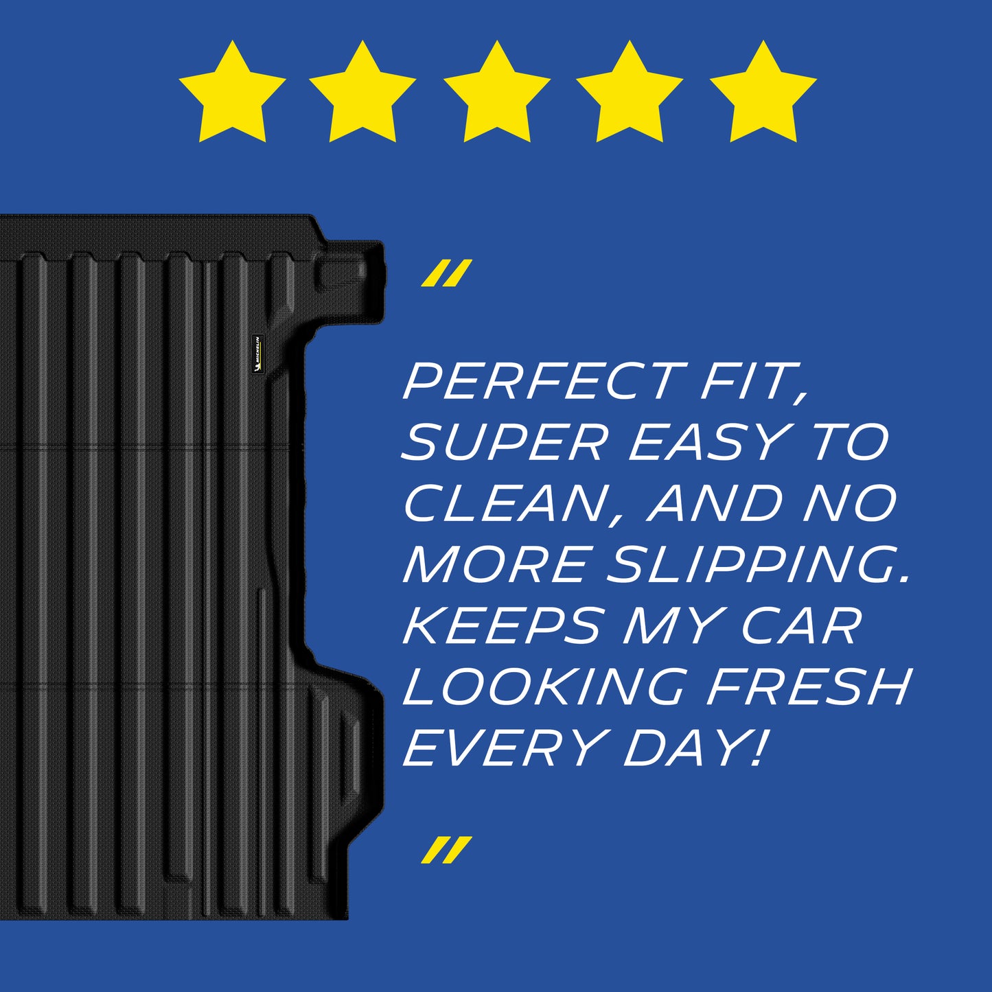 Michelin Silverado EV standard bed 2024-2026 mat shown with five star icons and customer feedback quote design