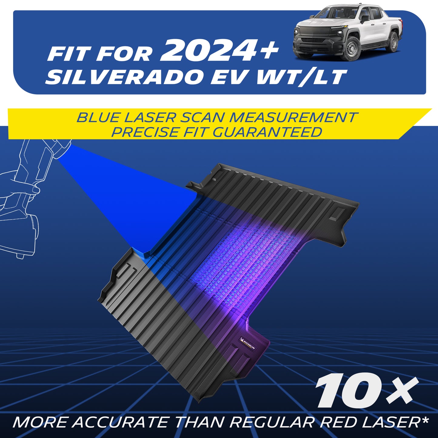Michelin Silverado EV standard bed 2024-2026 liner showing blue laser scan measurement fit illustration