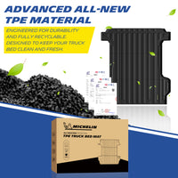 Michelin Silverado EV standard bed 2024-2026 mat displayed with TPE pellets and material certification sheets