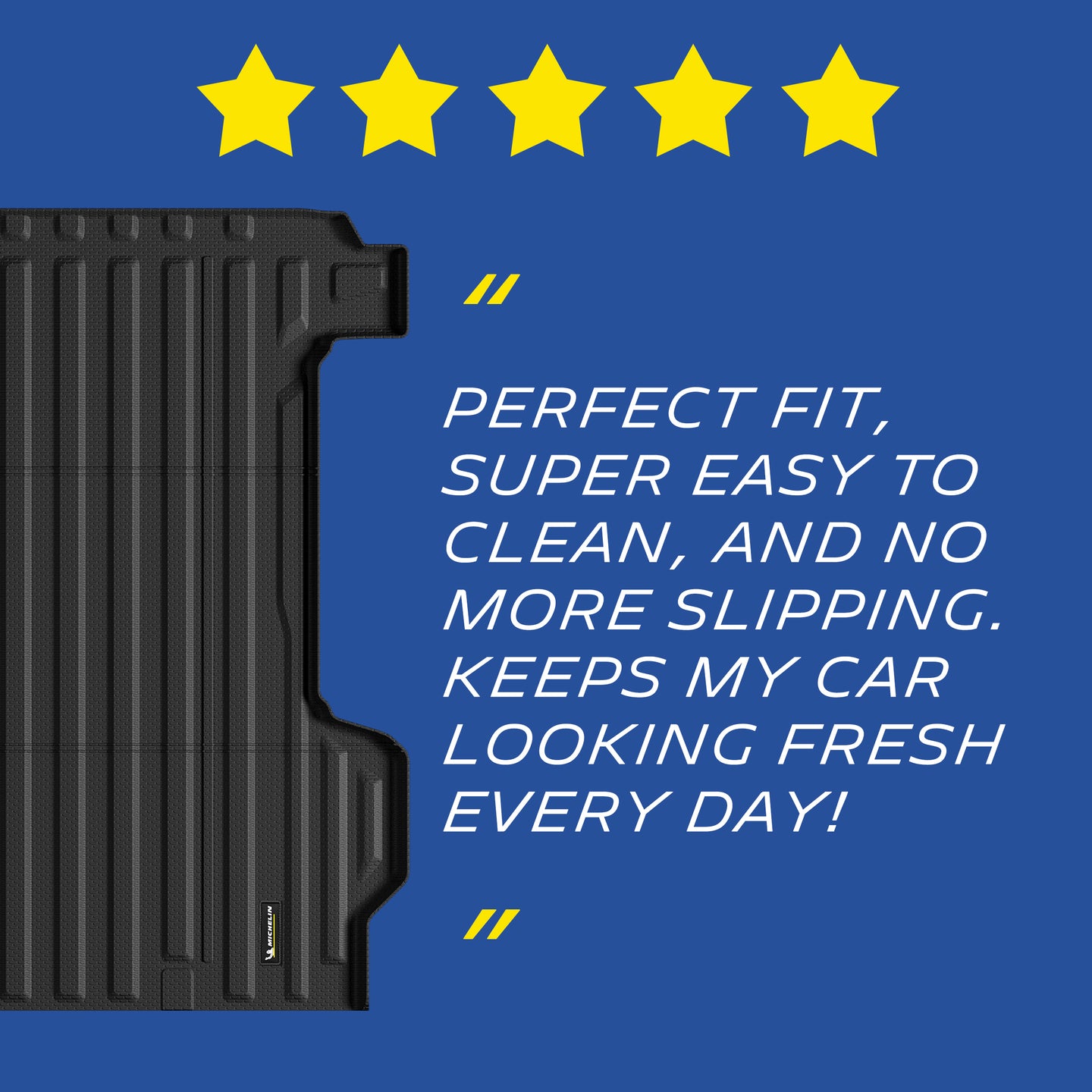 Michelin Silverado EV standard bed 2024-2026 mat with five-star rating and customer quote graphic