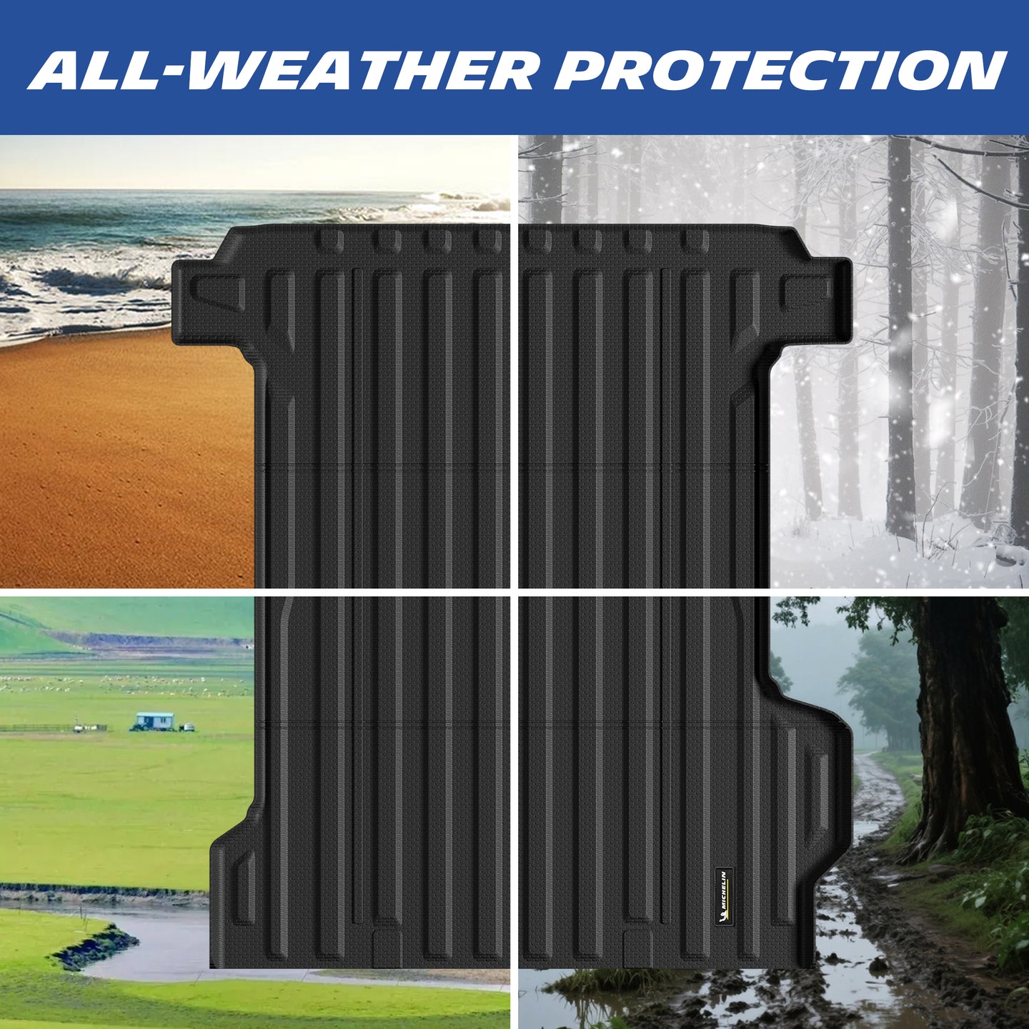 Michelin Silverado EV standard bed 2024-2026 mat shown across sand snow grass and mud conditions