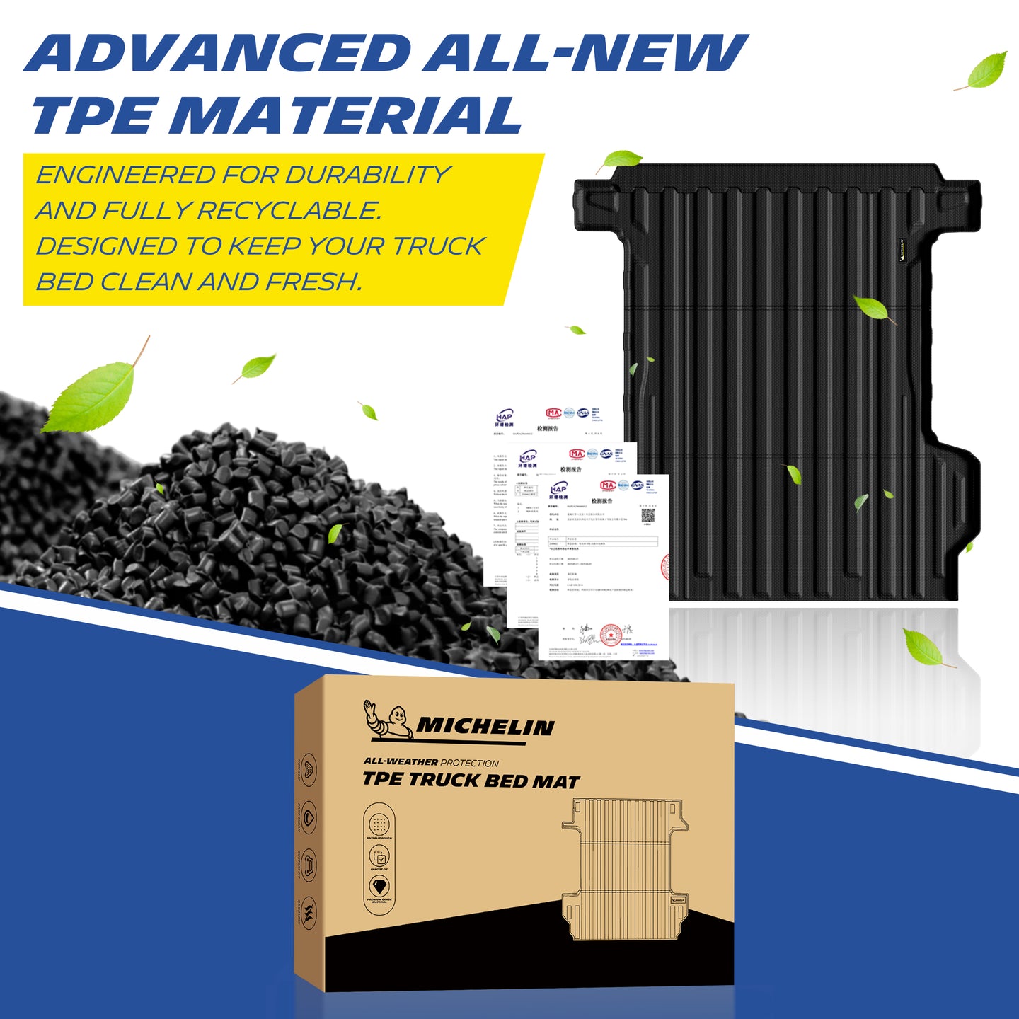 Michelin Silverado EV standard bed 2024-2026 mat displayed with raw TPE pellets and eco certification documents in background