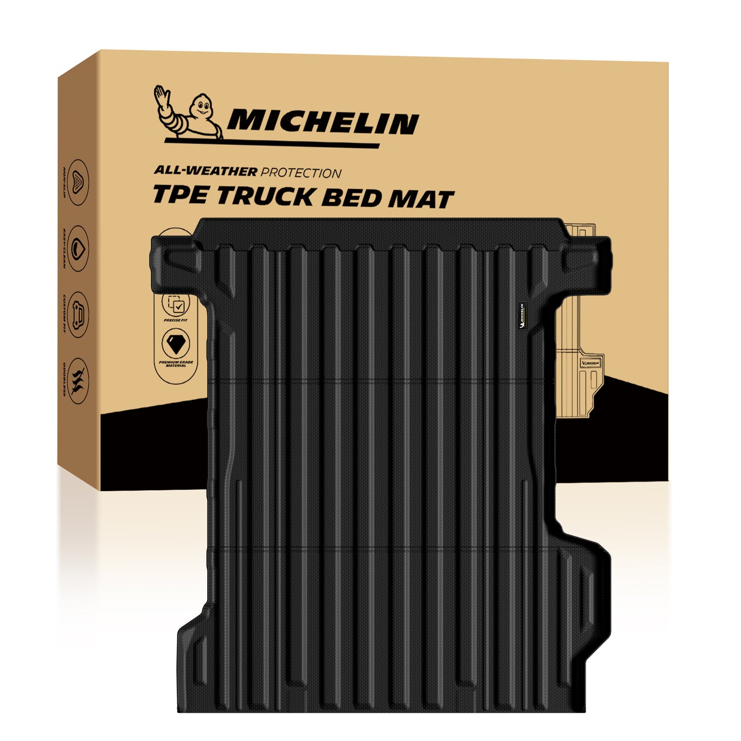 Michelin Silverado EV standard bed 2024-2026 truck bed mat positioned in front of branded retail box packaging
