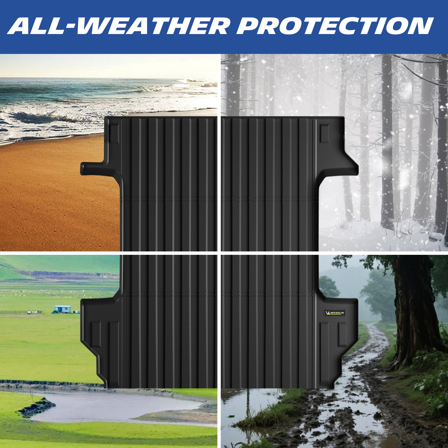 Michelin Silverado Sierra 1500 5.8FT 2019-2026 truck bed mat displayed across beach snow grass and muddy road conditions