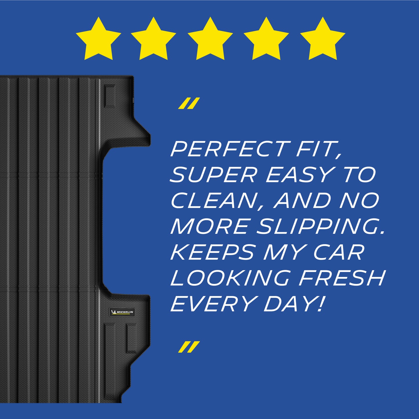 Michelin Silverado Sierra 1500 5.8FT 2019-2026 truck bed mat with five star rating and customer feedback text