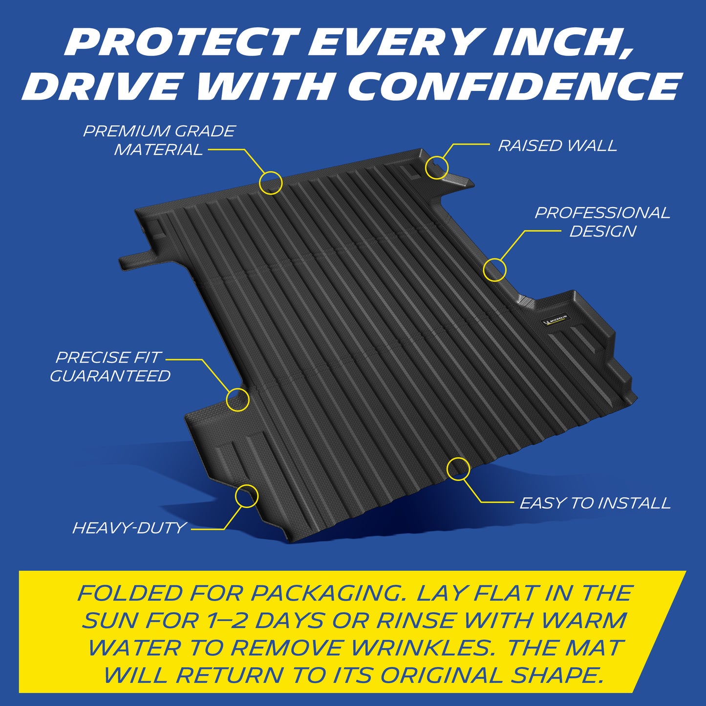 Michelin Silverado Sierra 1500 5.8FT 2019-2026 truck bed mat showing labeled features including raised wall and anti-slip grooves