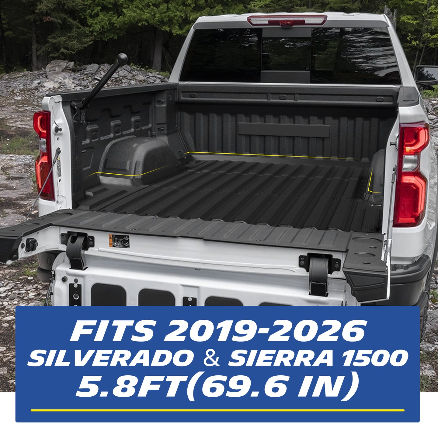 Michelin Silverado Sierra 1500 5.8FT 2019-2026 truck bed mat installed inside pickup bed showing full coverage