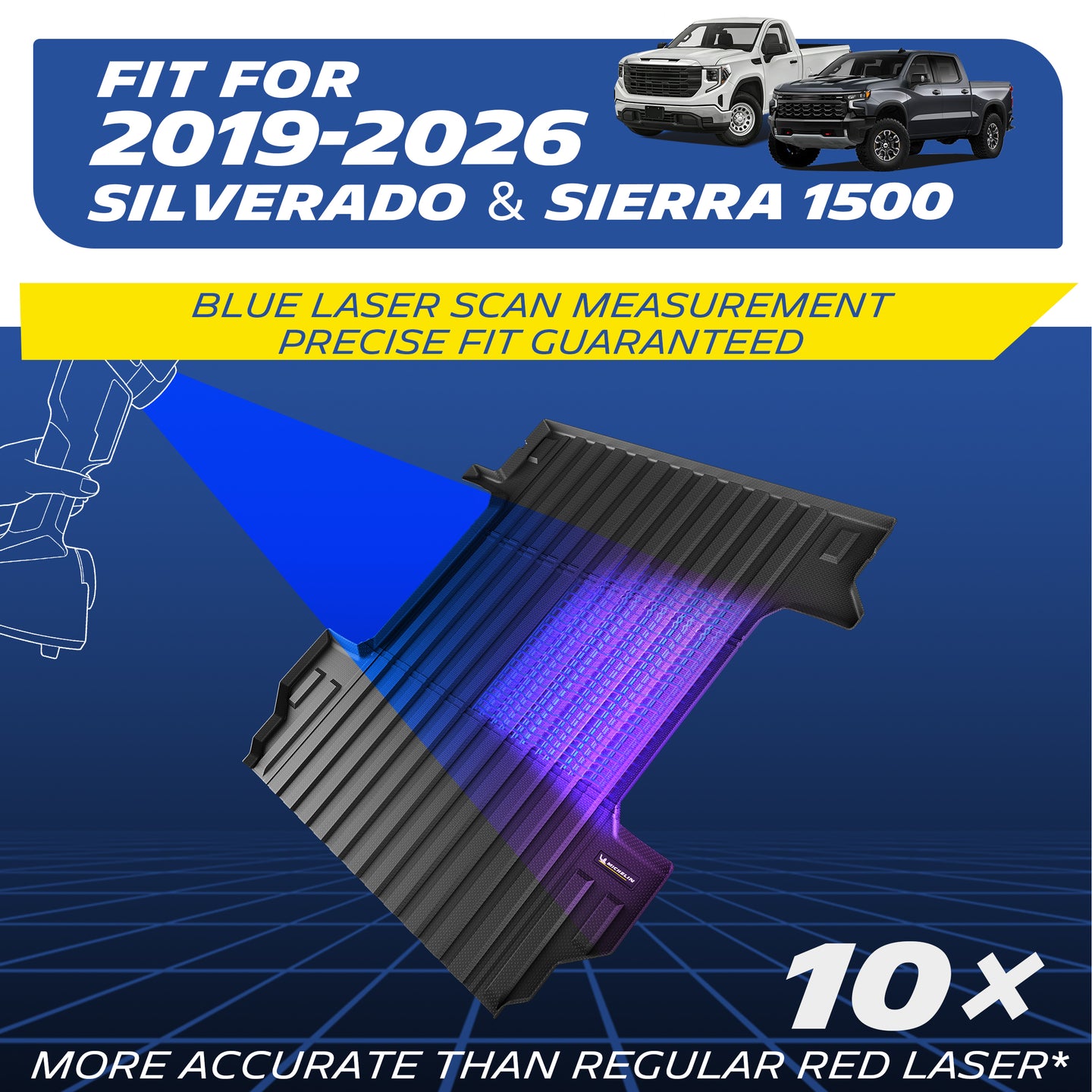 Michelin Silverado Sierra 1500 5.8FT 2019-2026 truck bed mat with blue laser scan graphic for custom fit mapping
