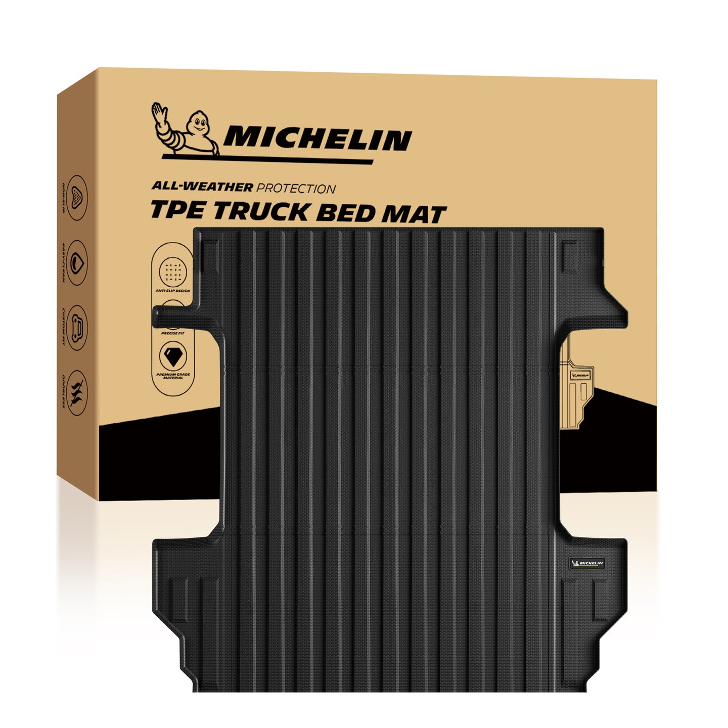 Michelin Silverado Sierra 1500 5.8FT 2019-2026 truck bed mat placed in front of branded retail packaging box