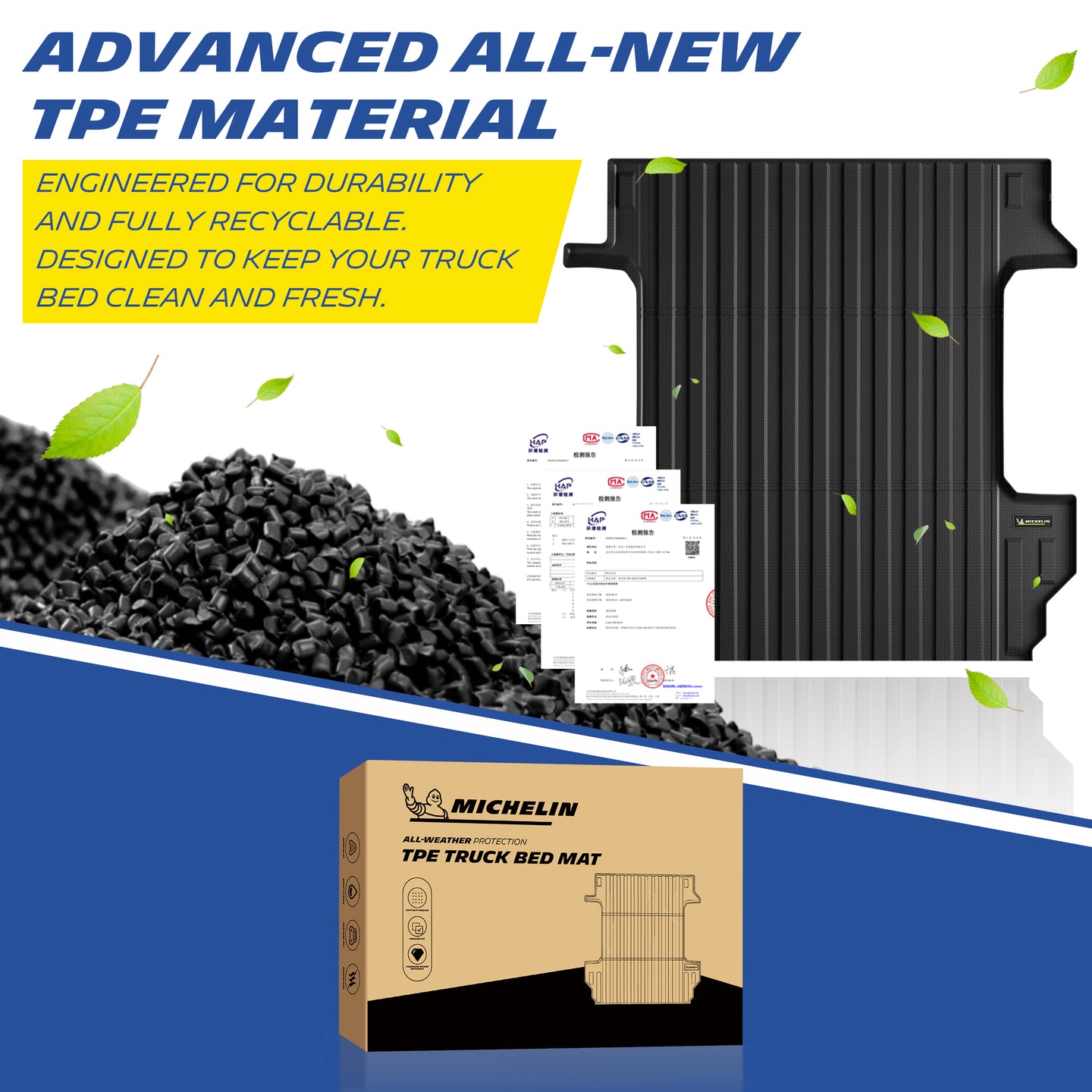 Michelin Silverado Sierra 1500 5.8FT 2019-2026 truck bed mat with TPE pellets and certification documents
