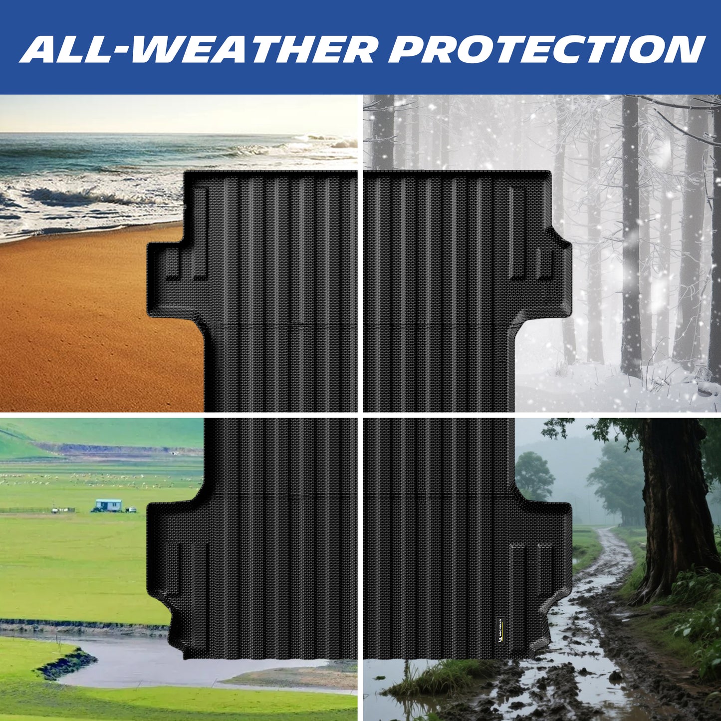 Michelin Silverado Sierra 1500 6.6FT 2019-2026 truck bed mat shown across beach snow field and muddy road scenes
