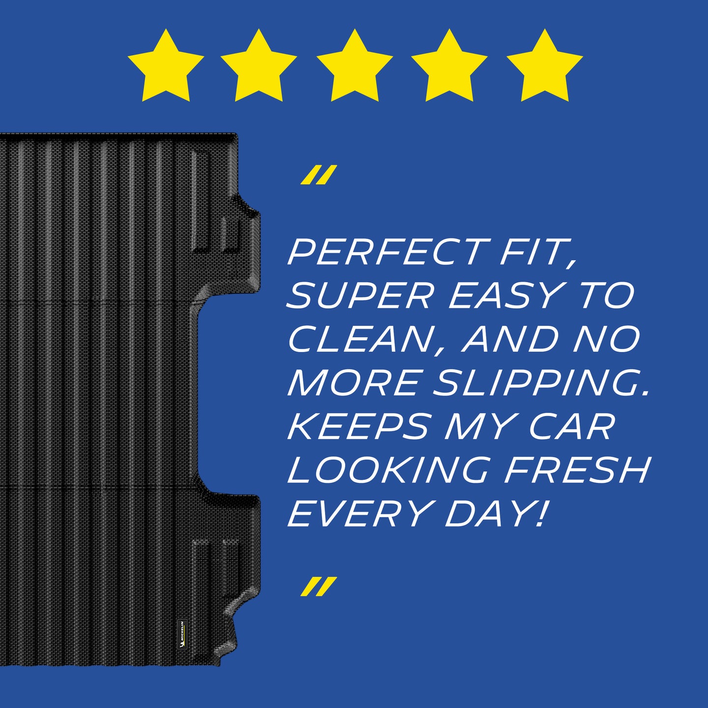 Michelin Silverado Sierra 1500 6.6FT 2019-2026 truck bed mat with five star rating and customer quote graphic