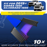 Michelin Silverado Sierra 1500 6.6FT 2019-2026 truck bed mat with blue laser scan measurement graphic for precise fit