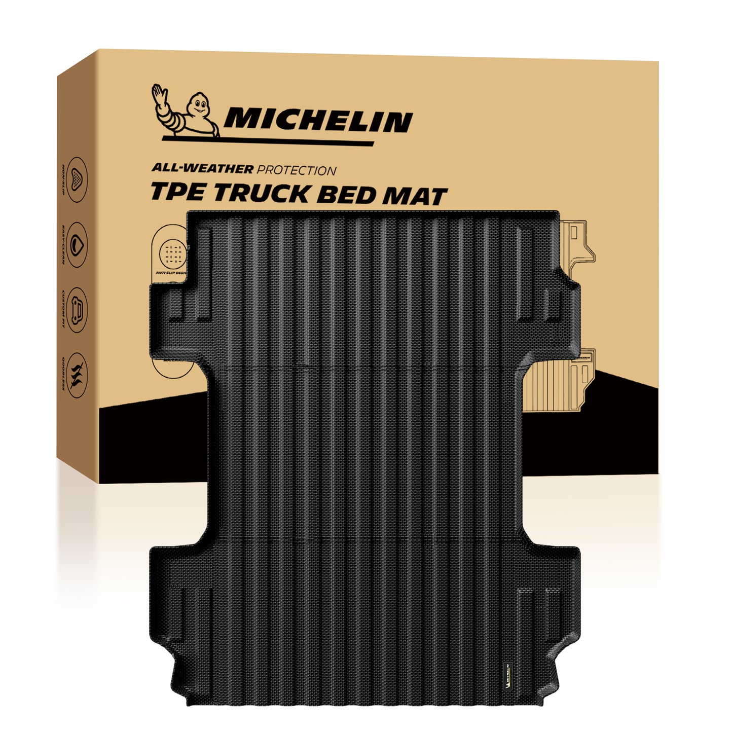 Michelin Silverado Sierra 1500 6.6FT 2019-2026 truck bed mat placed in front of branded retail packaging box